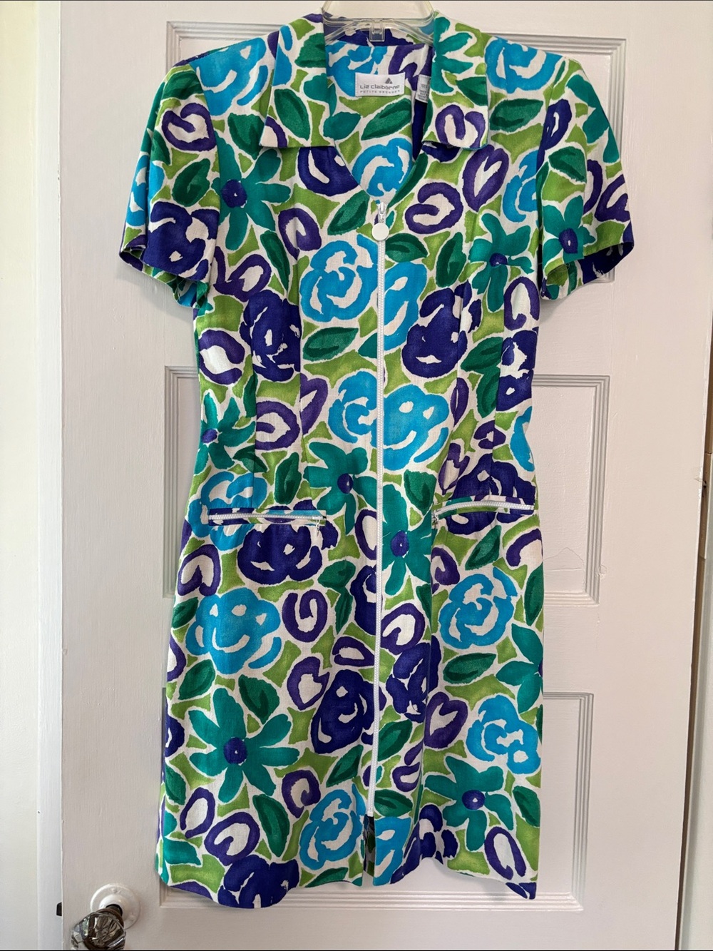Liz Claiborne Dress Linen Floral 90s Petite Zip Front EUC Sz 4P